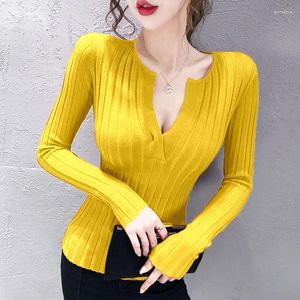 Women's Sweaters Yellow Bright Sexy Office Lady Vest Pullover Low V Collar Sweater T-shirt Women Girl Pull Slim Top Cloth Shirt