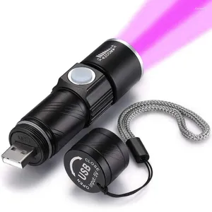 Taşınabilir Fenerler 2x 395nm UV Hafif Siyah Işık USB Şarj Edilebilir LED Su Geçirmez LED Su geçirmez