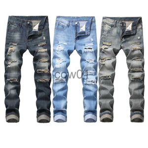 Męskie spodnie Slim-Fit Dżinsowe spodnie męskie spodnie nostalgiczna Torn Brand Ripped dżinsy moda proste mężczyźni Hip Hop żebra męska dziura jasnoniebieski J231028