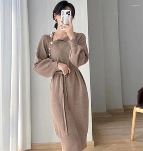 Casual Dresses Autumn Winter Turtleneck Buttons Long Sleeve Sweater Dress Vintage Women Solid Knitting Lace Up Belt Warm Loose Midi Vestidos