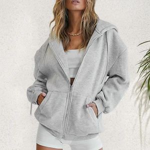 Women's Hoodies Women Fall Winter Coat Hooded Long Sleeve Zip Up Loose Solid Color Mid Length Thick Pockets Soft Casual Cardigan Jacket