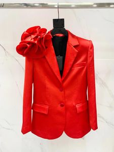 Ternos femininos 2023 moda blazer vermelho 3d flor apliques único breasted cetim terno jaqueta