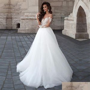 A-Line Wedding Dresses 2024 Scoop Long Sleeves Appliques Lace Brides V-Shape Back Backless Sexy Bridal Gowns European Fashion Formal Dhwaf