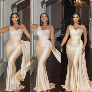 Arabic Aso Ebi Champagne Mermaid Sexy Prom Dresses One Shoulder Satin Evening Formal Party Second Reception Bridesmaid Gowns Dress Plus Size