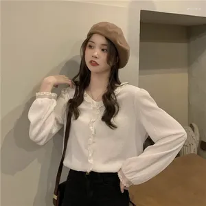 Blusas femininas 2023 outono francês versão coreana de ins textura doce renda costura camisa de manga comprida blusa