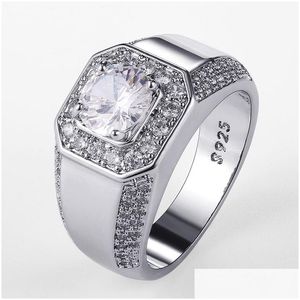 Luxo 925 Sterling Sier Homens Cristal Zircon Pedra Anel de Casamento Brilhante Nobre Noivado Anéis de Festa com Gota Delive Dhgarden Otu6Q