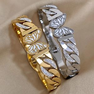 Bangle Aensoa Chunky Aço Inoxidável Zircon Cadeia Cubana Borboleta Pulseira Grossa Para Mulheres Declaração 18K Placa De Ouro Punk Jóias