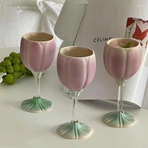 Wine Glasses French Retro Tulip Flower Ceramic Red Glass Home Creative Relief Petal Goblet Cute Dessert Bowl Tanabata Birthday Gift