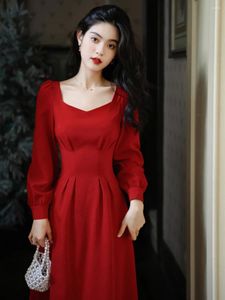 Lässige Kleider Weiß Elegant Schlank Abend Party Midi Kleid Langarm Frühling Herbst Rot Wunderschönes Outfit Frauen Gefaltete Bandage