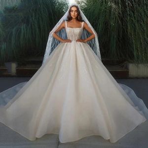 Luxurious Wedding Dress 2024 Square Collar Sleeveless Sparkling Lace Appliques A-Line Women Bride Gowns Arabic Dubai Robe De Mariee Vestidos De Noiva