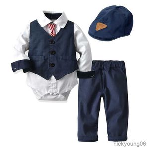Setler bebek takım elbise yeni doğan erkek kıyafetler yelek + şapka resmi giyim kıyafeti parti kravat çocuk doğum günü elbisesi 0- 24 r231028