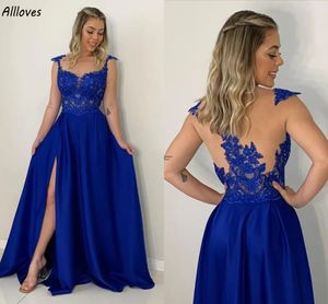 Elegante Azul Royal Árabe Aso Ebi Vestidos de Noite Uma Linha Até o Chão Ver Através de Malha Vestidos de Festa Formais Sexy Side Split Plus Size Segunda Recepção Vestido de Baile CL2838