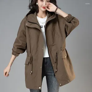 Women's Trench Coats Mid-length Coat Women Fall Loose Windbreaker Drawstring Hooded Casual Stand Collar 2023 Spring Clothes Slim Waist