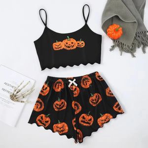 Kvinnors sömnkläder pyjama Set Halloween Cartoon Pumpkin Print Crop Top Vest Shorts Soft Home Wear Underwear Suits 231027