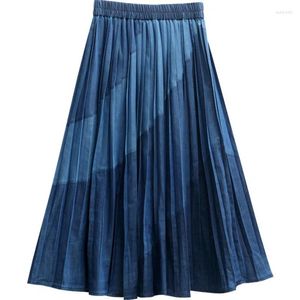 Skirts Women Pleated Denim Long Skirt Spring Summer Elastic Waist Loose Casual Jean Q649