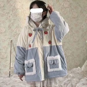 Kvinnor ner parkas preppy stil corduroy parka ankomst japanska rockar kvinnliga långärmade fickor design jordgubbar söta toppar ropa mujer 231027