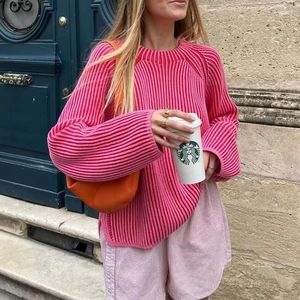 Kadın Sweaters Sonbahar Kazak Pembe Örgü Sweat Sıcak Bahar O-Yastılı Örgü Kadın Gündelik Sokak Giyim Üstleri Femme Sueter Mujer