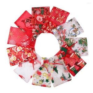 Christmas Decorations 10pcs Organza Cnady Bag Noel Packaging Gift Foil Xmas Party Goodie Packing Favors Drawable Bags Present Sweets Pouches