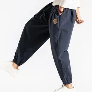 Calças masculinas soltas respiráveis calças casuais com bordado detalhando cintura elástica para primavera outono temporadas pé algemado