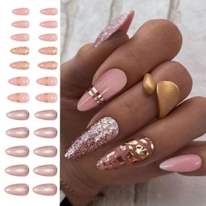 Falska naglar Long Almond Manicure Leopard franska nagelips avtagbara söta och kryddig falska nialer DIY