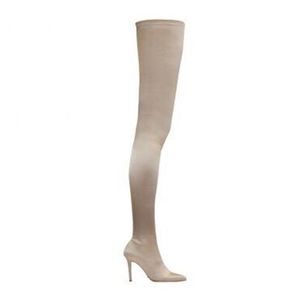 2023 New Style Knee Boots Sheepskin Leather Pillage Toe 뾰족한 허벅지 높이 부티 캐주얼 드레스 신발 8.5cm Stiletto Heels Elastic Cotton Winner Sock Boots 크기 34-40