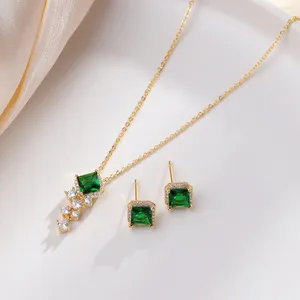 Necklace Earrings Set Women Elegant Jewelry Square Zircon Inlaid Clavicle Chain Cross Pendant Green Rhinestone Ear Stubs Suit Jewellery For