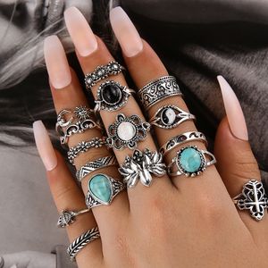 16 قطعة / setwomen Bohemian Rings Style Style Retro Hollow Turtle Flower Flower Black Gemstone Moint Ring Massion Jewelry