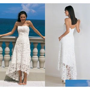 Vestidos de casamento de linha A Lace Beach Dress Bainha / Coluna Strapless Alta Baixa Assimétrica Backless Zipper Voltar Vestidos de Noiva Vintage Drop Dhgbd