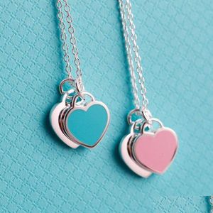 Collane con ciondolo Ly Collana a doppio cuore smaltato alta edizione Sterling Sier Love Blu Rosa Rosso Collare a forma di catena leggera P Otpyl