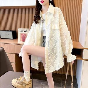 Women's Blouses Sexy Sheer Lace Irregular Oversized Button Up Shirt Korean Fashion Long Sleeve Streetwear Blouse Solid Tunic Tops Blusas