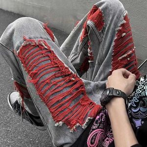 Men's Pants High Street Ripped Y2k Mens Pants Goth Vintage Grunge Raw Edge Beggar Jeans Hip Hop Clashing Colors Fashion Casual Male Pants J231028