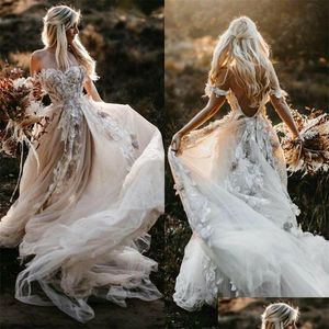 A-Line Wedding Dresses Backless 2021 Boho Dress 3D Appliqued Summer Beach Bridal Gowns Off The Shoder Tle Loves Lace Outdoor Lady Ma Dhvts