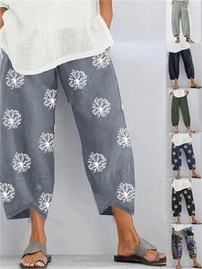 Women's Pants 2023 Women Harem Vintage Cotton Linen Elastic Waist Wide Leg Trousers Female Casual Solid Pockets Loose Cropped