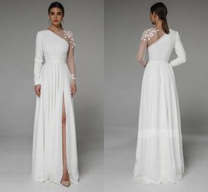 Asymmetrical Side Slit Wedding Dress Long Sleeve Civil Bridal Gown Party For Bride Button Applique Floor Length Women Robe De Mariee Vestidos De Noiva