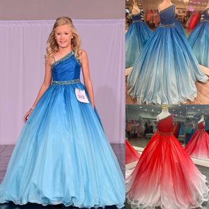 Ombre Blue Girl Pageant Dresses 2024 Crystals Beading Dress Ballgown Little Kids Birthday One-Shoulder Formal Party Wear Gowns Infant Toddler Teens Ombre-Red