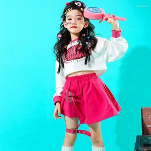 Scene Wear Fashion Ballroom Hip Hop Dance Costumes For Girls Long Sleeved Rose Red Kirts Suit Streetwear Jazz Performance Clothes DQS14029