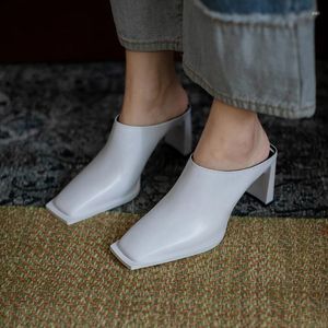 Dress Shoes British Style Slingbacks High Heels Women's Pumps Thick Heel 2023 Summer Square Head White Slippers Sandalias