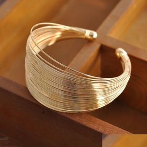 Cuff Punk Simple Design Mtilayer Metal Wires Strings Open Bangle Wide Bracelet For Women Girl Fashion Jewelry Accessories Gift Drop De Dhhfn