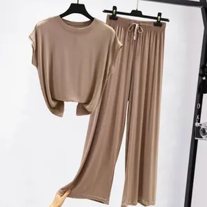 Women's Two Piece Pants 2 Pcs/Set Women Summer Pajamas Comfortable Elastic Waist Loose Drawstring Sleeping Wide Leg Short Sleeves T-shirt