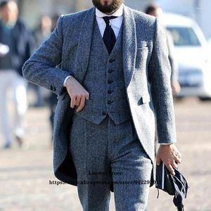 Men's Suits Men's & Blazers Winter Herringbone Tweed Mens For Groom Wedding Tuxedo Wool 3 Piece Jacket Vest Pants Set Formal Business