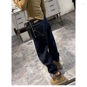 Men's Jeans Large Size 2023 Spring And Autumn Loose-Fit Tappered Trousers Women's Plump Girls High Waist Slimming Dark Blue Denim Harem