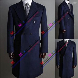 Men's Suits Men's Navy Blue Long Sleeves Overcoat Thick Wool Men Jacket Double Breasted Coats Peaked Lapel Business Blazer Set Veste