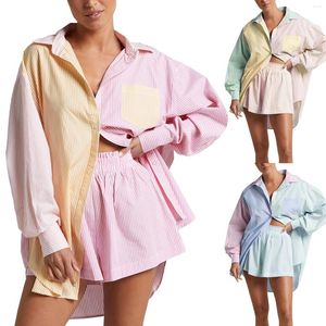 Gymkläder Kvinnor Single Breasted randig färg Matchande långärmad skjorta Top Two Piece Shorts Set Beach Dress Outfit