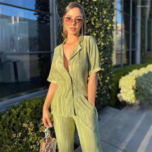 Women's Two Piece Pants Woman Summer Short Sleeve Shirts 2 Pieces Set Fashion Sexy Green Pleated Trouser Suits Female Casual High Waist Wide