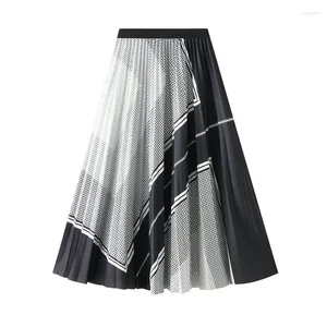 Skirts Geometric Print Pleated For Women Elastic High Waist Long Black Skirt Korean Style Faldas Largas Para Mujer Moda 2023