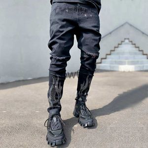 Мужские брюки Черные эластичные джинсовые брюки-карандаш MAN Denim Street Punk Slim Fit Байкерские брюки 2021 Мужские рваные джинсы Hot Drill Джинсы скинни J231028