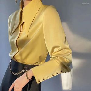 Blusas femininas moda elegante cetim polo gola grande manga longa primavera amarelo drape botão topo casual camisa commuter