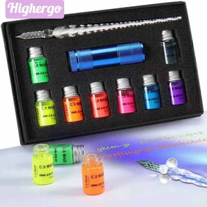 Fountain Pens Highergo 10PcsBox Invisible Fluorescence Ink Glass Pen Crystal Dip Set with UV Light for Calligraphy Writing Drawing Gift 231027