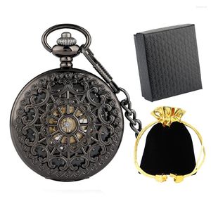 Pocket Watches Retro Black Hollow Spider Web Manual Mechancial Watch Fob Chain Antique Luxury Hand Winding Clock Gifts Male