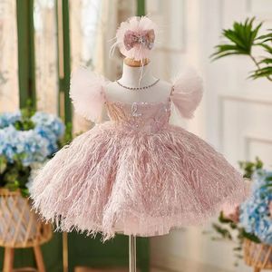 Feather Shiny Flower Girl Dress Pink Brodered 3D Flowers Princess Party Ball For Formal Wedding Pageant Dresses 1st Birthday Baptism Gown 403